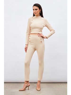 Sateen Düğme Detaylı Pantolon - Bej
