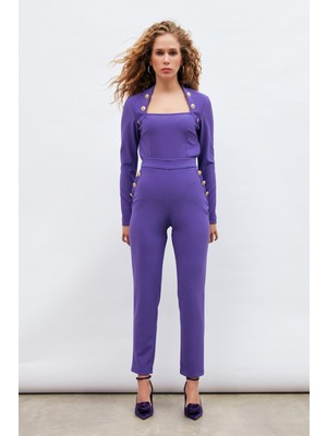 Sateen Düğme Detaylı Pantolon - Mor