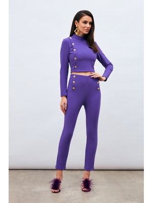 Sateen Düğme Detaylı Pantolon - Mor