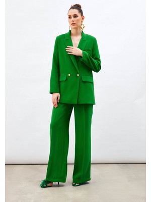 Sateen Pile Detaylı Salaş Pantolon - Yeşil