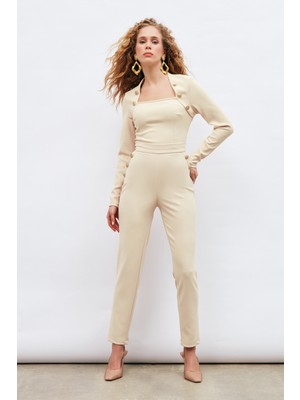 Sateen Düğme Detaylı Pantolon - Bej