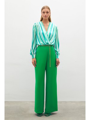 Sateen Zincirli Saten Krep Pantolon - Yeşil
