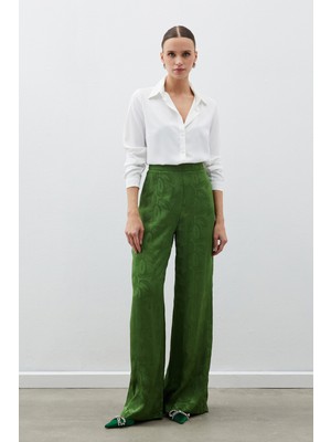Sateen Jakarlı Salaş Pantolon - Yeşil