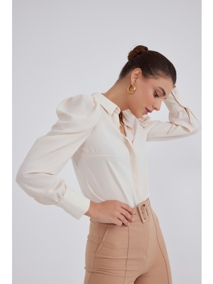 Sateen Vatkalı Klasik Gömlek - Bej