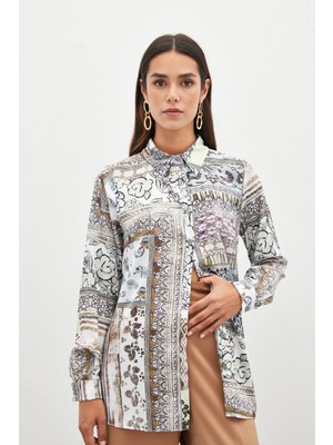 Sateen Klasik Desenli Gömlek - Camel