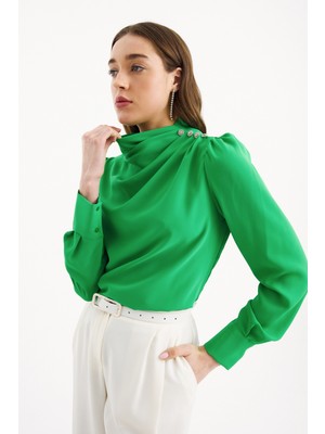 Sateen Düğmeleri Taş Detaylı Bluz - Yeşil
