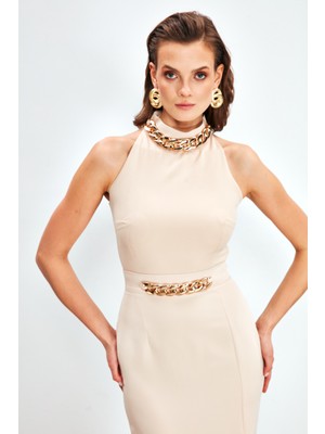 Sateen Zincir Aksesuarlı Crop Bluz - Bej