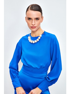 Sateen Kolye Detaylı Crop Bluz - Sax Mavi