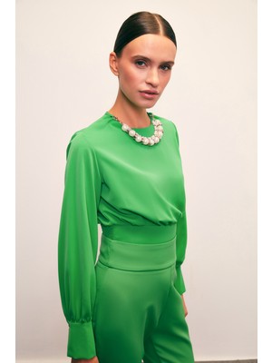Sateen Kolye Detaylı Crop Bluz - Yeşil