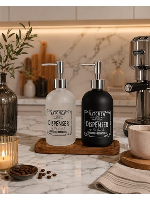 Trend Home Life Ahşap Standlı Siyah Beyaz Cam Sıvı Sabunluk Seti - 2'li Mutfak Banyo Sabunluk