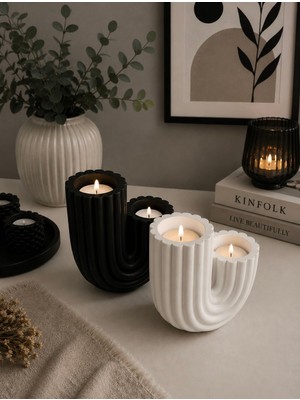 Bubuhomedecor Kaktüs Figürlü Mumluk 2'li Siyah/Beyaz Taş Tozu ile Modern Dekorasyon