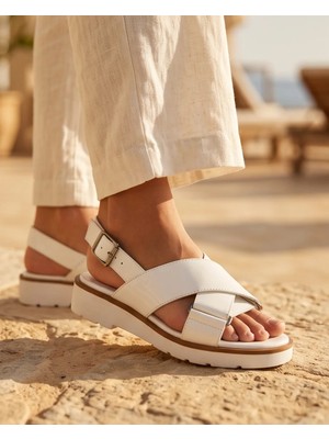 Futsi Shoes Corle Beyaz Hakiki Deri Çapraz Bantlı Kadın Sandalet Ayakkabı