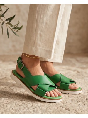Futsi Shoes Corle Yeşil Hakiki Deri Çapraz Bantlı Kadın Sandalet Ayakkabı