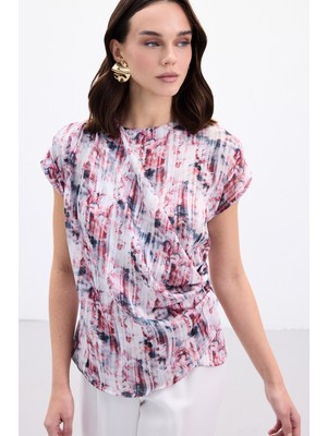 Sateen Pileli Kolsuz Bluz - Bordo