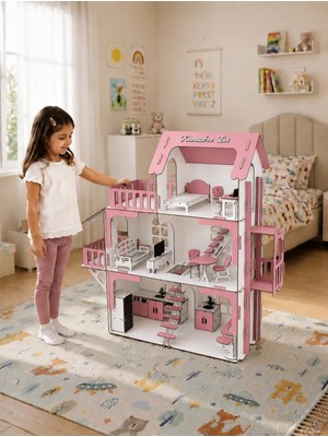 Playvia Asansörlü Oyun Evi, Full Aktif Eşyalı, 3 Katlı 90 cm Led Işıklı, Kişiye Özel İsimli (Montessori Uyumlu)