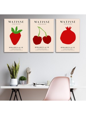Tilki Dünyası Henri Matisse 3'lü Kanvas Tablo Seti - Kırmızı Meyve Temalı (Çilek, Kiraz, Nar) Modern Duvar Tablosu Seti