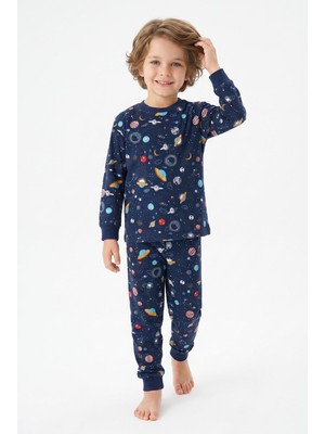 Isobel Yeni Sezon Uzay Baskılı % 100 Pamuk Süprem Erkek Çocuk Pijama Takımı