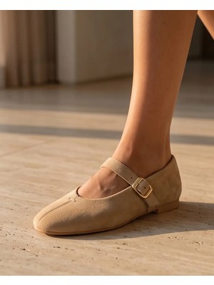 Futsi Shoes Robın Bej Hakiki Deri Tokalı Kadın Babet Ayakkabı