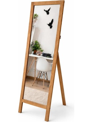 Asvera Ahşap Ayaklı Boy Aynası 145X40 cm Flotal Devrilmez Natürel Ayna