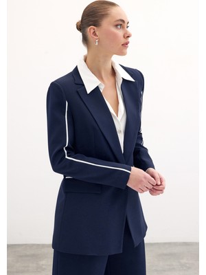 Sateen Lacivert Blazer Ceket Kadın - Polyester Kontrast Salaş Stil ile Günlük Şıklık