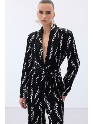 Sateen Desenli Uzun Ceket - Siyah
