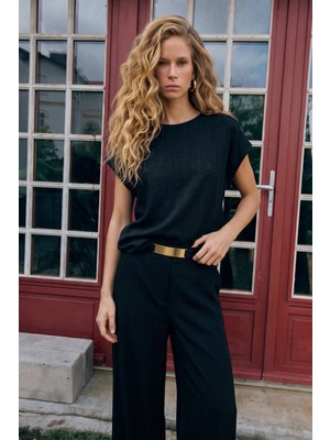 Sateen Kısa Kollu Bluz - Siyah
