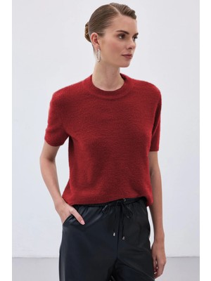 Sateen Sakallı Kısa Kol Triko - Bordo