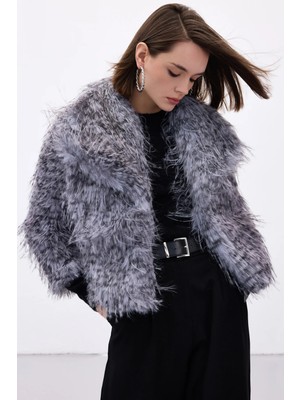 Sateen Leopar Desenli Kürk - Gri