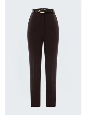 Sateen Kemerli Pantolon - Koyu Kahve
