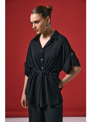 Sateen Beli Bağlamalı Kimono Gömlek - Siyah