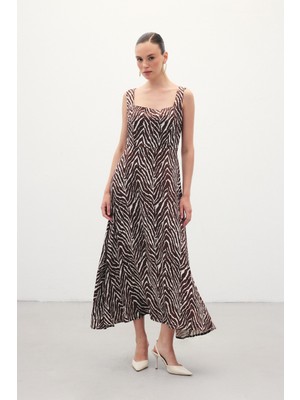 Sateen Kare Yaka Zebra Desenli Elbise - Kahve
