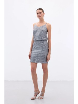 Sateen Payetli Mini Etek - Gri