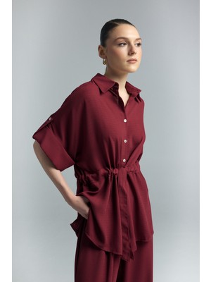 Sateen Beli Bağlamalı Kimono Gömlek - Bordo