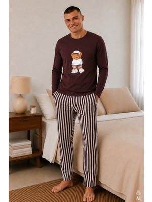 Koza İç Giyim Erkek Pamuklu Uzun Kollu Ayıcık Baskılı Alt Çizgili Pijama Takımı