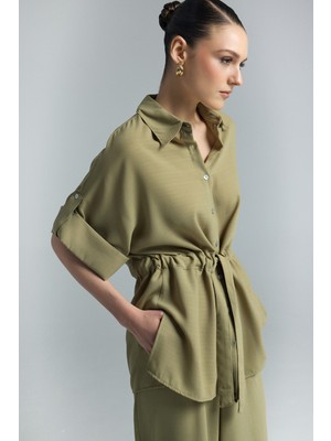 Sateen Beli Bağlamalı Kimono Gömlek - Haki