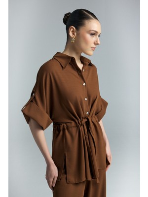 Sateen Beli Bağlamalı Kimono Gömlek - Kahve