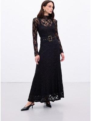Sateen Dantelli Uzun Etek - Siyah