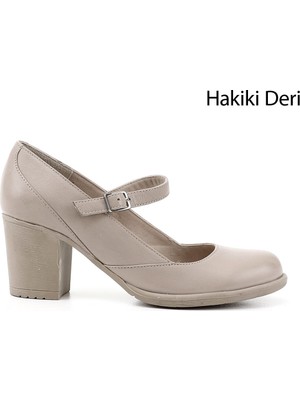 Gönderi(r) Kadın Açık Bej  Kalın Topuklu Mary Jane Hakiki Deri Ayakkabı