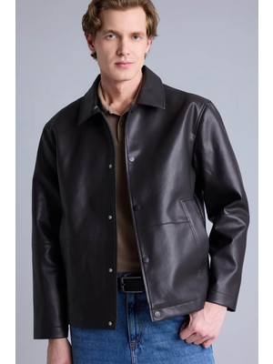 Defacto Regular Fit Çıtçıtlı Kahverengi Erkek Deri Mont H2233AX/BN338