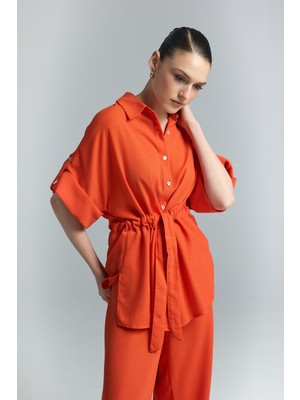 Sateen Beli Bağlamalı Kimono Gömlek - Oranj