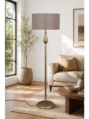 Taşcan Aydınlatma Lotus Eskitme Metal Ayaklı Lambader Açık Kahve Kumaş Şapka Modern Salon Yatak Odası Köşe Aydınlatma