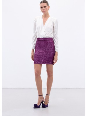 Sateen Payetli Mini Etek - Mürdüm
