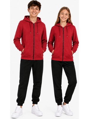 Trendhill Unisex Çocuk Şardonlu Kapüşonlu Yaka Eşofman Takımı KIRMIZI-310
