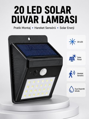 Su Geçirmez IP65 20 LED Solar Sensörlü Bahçe ve Veranda Aydınlatma Yeni Nesil