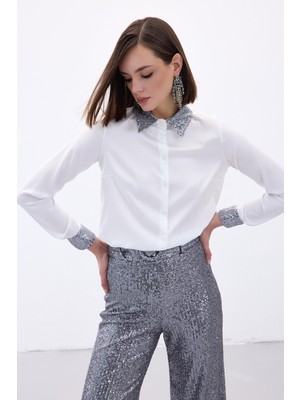 Sateen Payet Detaylı Saten Gömlek - Gri