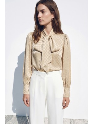 Sateen Puantiye Desenli Gömlek - Gold