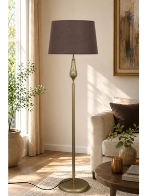 Taşcan Aydınlatma Lotus Eskitme Metal Ayaklı Lambader Koyu Kahve Kumaş Şapka Modern Salon Yatak Odası Köşe Aydınlatma