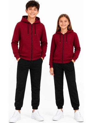 Trendhill Unisex Çocuk Şardonlu Kapüşonlu Yaka Eşofman Takımı BORDO-310