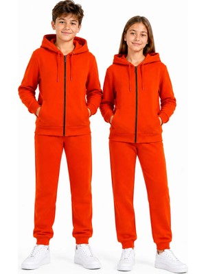 Trendhill Unisex Çocuk Şardonlu Kapüşonlu Yaka Eşofman Takımı TURUNCU-310