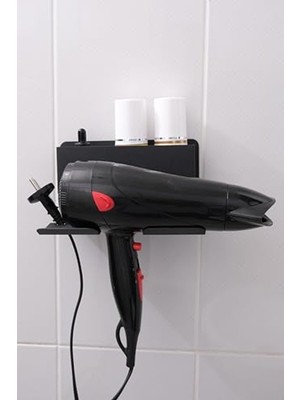 Aesco Siyah Metal Yapışkanlı Saç Kurutma Askısı, Yapışkanlı Banyo Düzenleyici Organizer Fön Makinelik MT83S